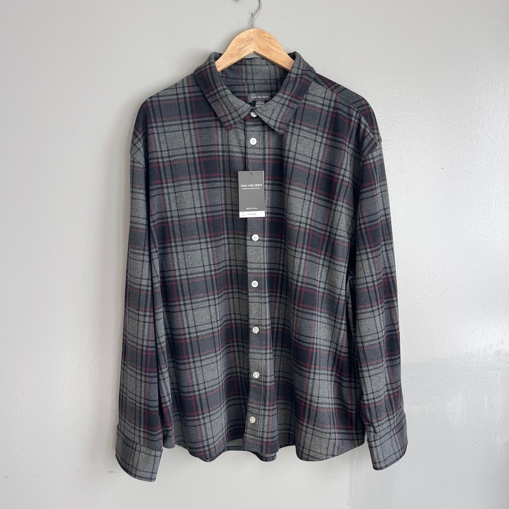 Van Heusen Performance Flannel Mens 2XL Button Shirt Gray Plaid Casual NWT